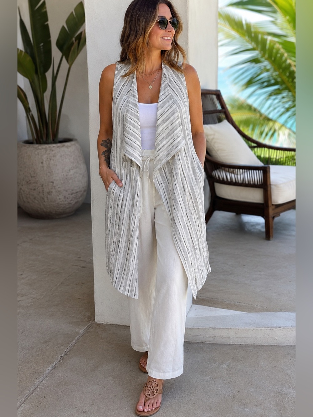 Light Linen Blend Long Vest Open Front Duster Pockets Striped M